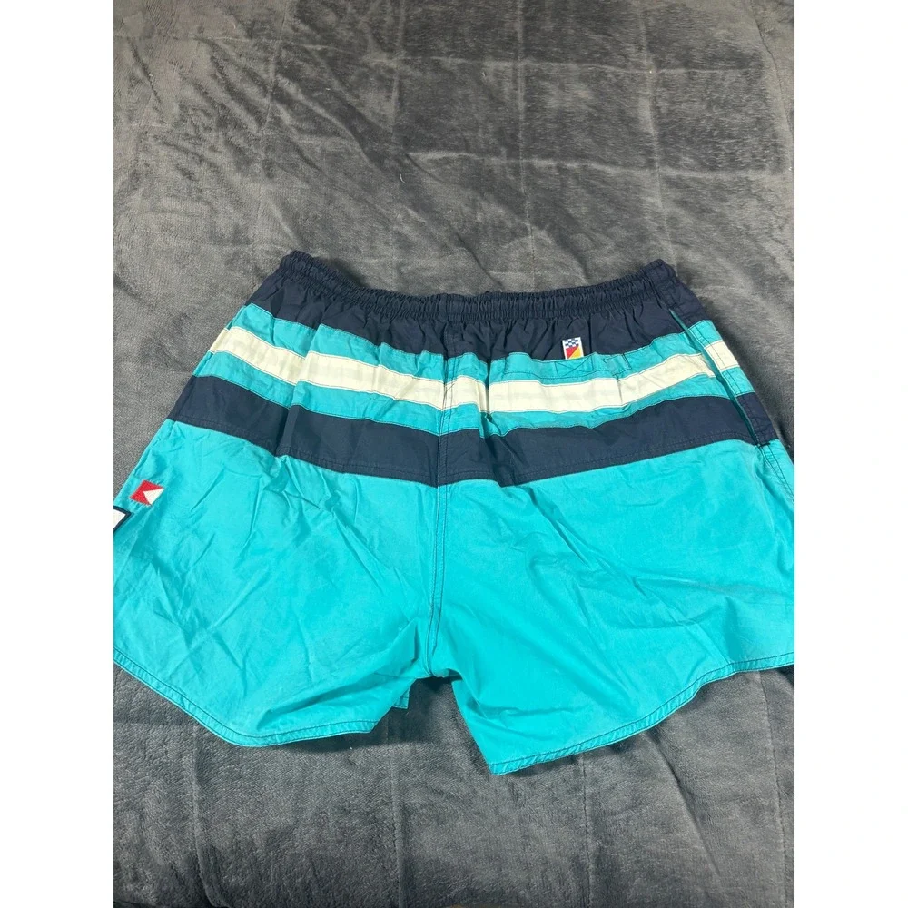 Newport Blue Mens Vintage Swim Trunks Teal Navy Striped Nautical Flags Large